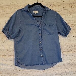 Lucky Brand Top Womens Oversized S Boho Puff Sleeve Blue Denim Chambray